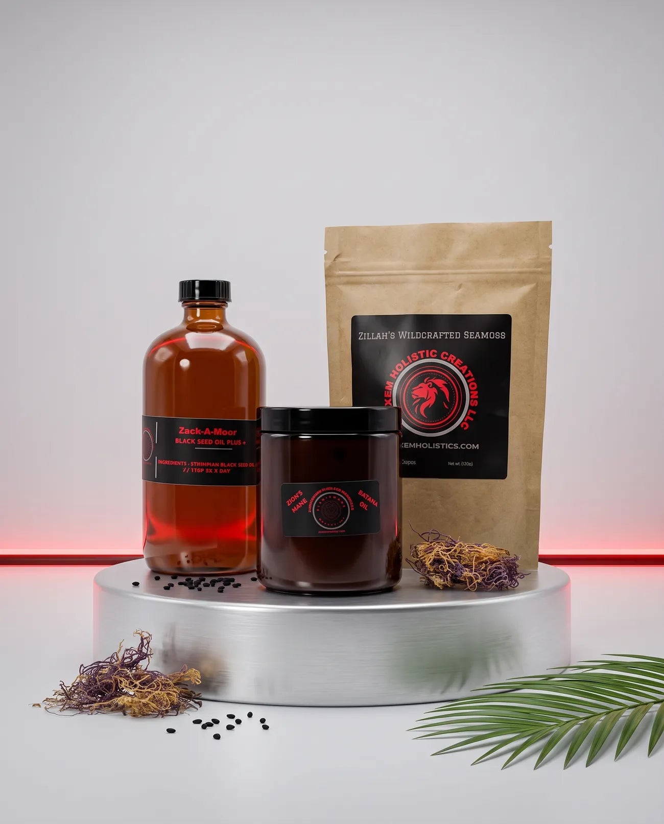 The Tri-Vitality System: Zion's Mane Batana Oil, Zack-A-Moor Black Seed Oil and Zillah's Sea Moss, 4 oz each